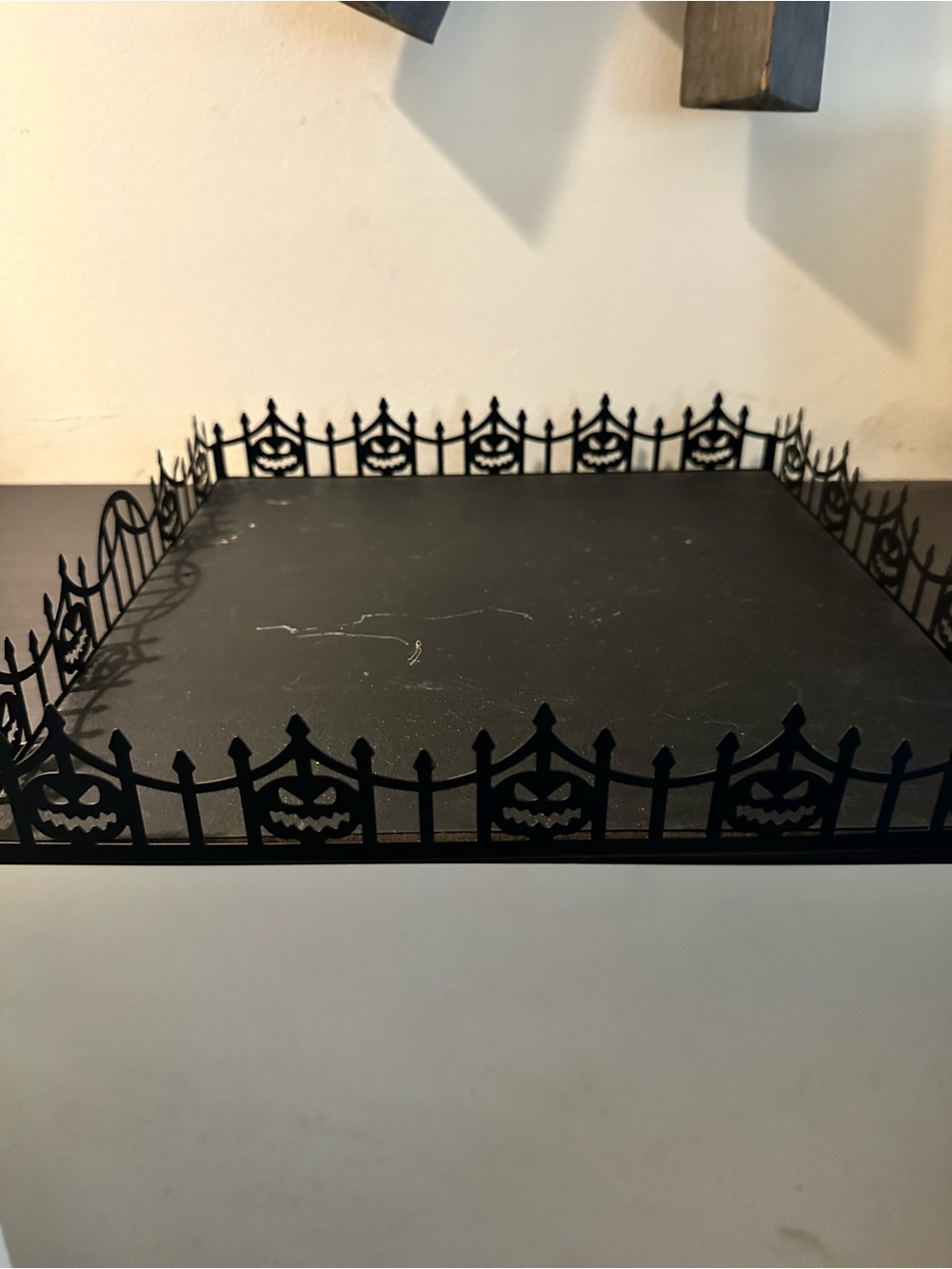 Halloween Decorative Black Metal Tray with Pumpkin Fence Accent